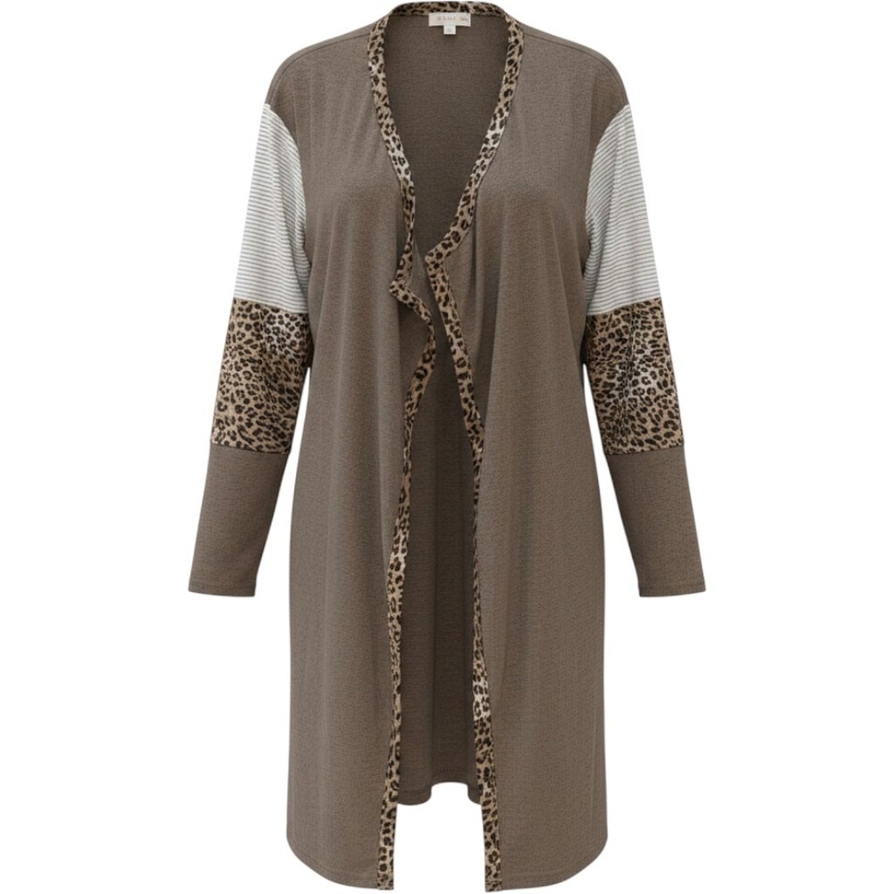Grace & Emma Cardigan Women S/M Brown NEW Mixed Media Leopard Striped